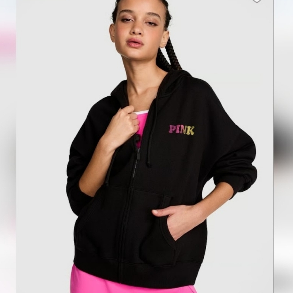 VICTORIA'S SECRET PINK FLEECE HOODIE JACKET GRAPHIC BACK FULL-ZIP 'MIAMI HEAT'